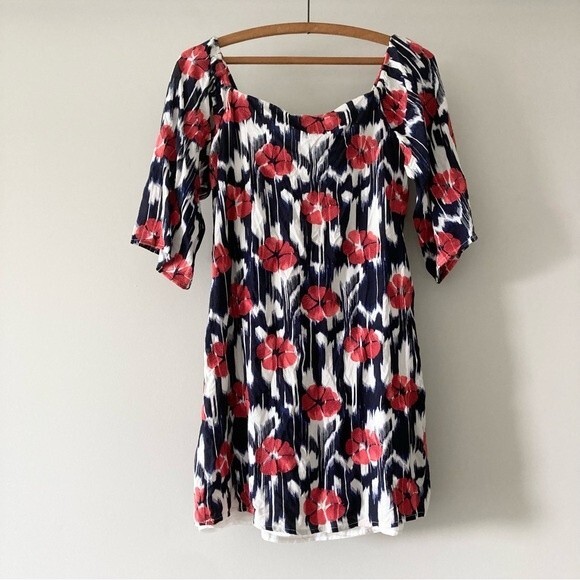 Trina Turk Dress Blue Ikat Floral Embroidered On Off Shoulder S - Picture 1 of 5